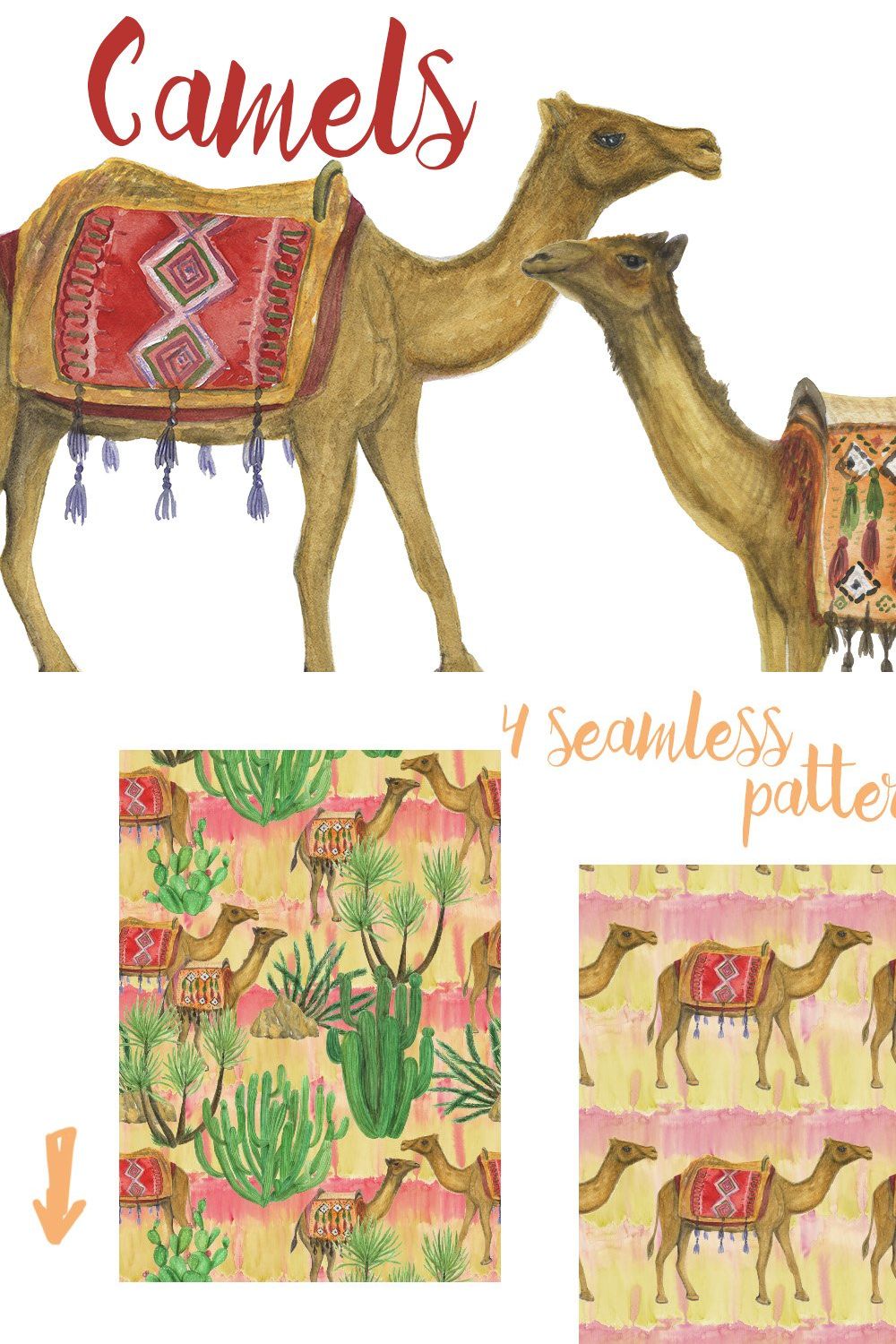 Watercolor Camels pinterest preview image.