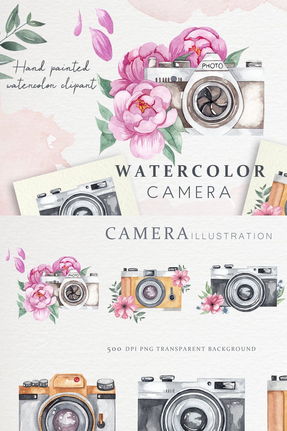 Watercolor Camera Clipart. Part I. pinterest preview image.