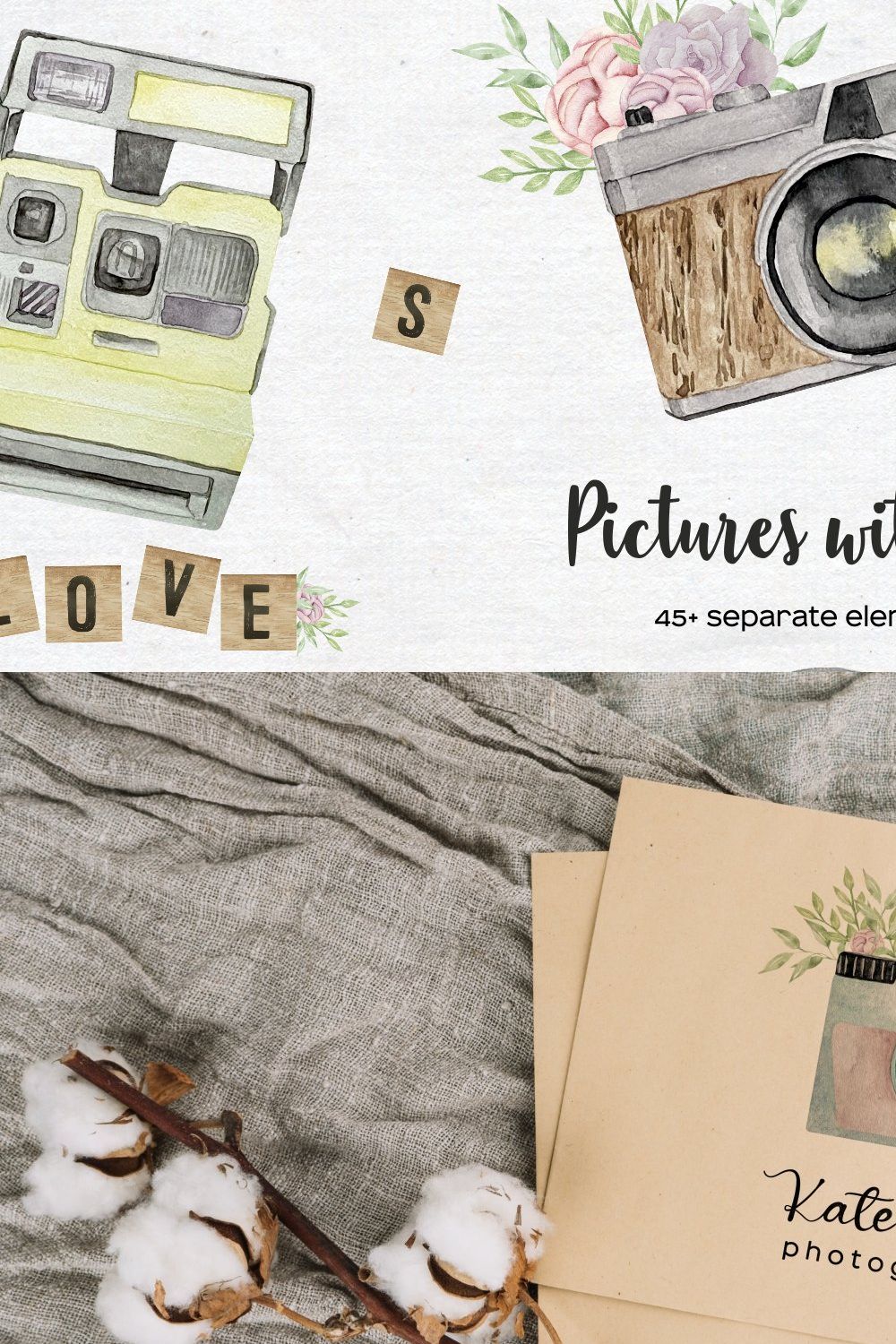 Watercolor camera with flower pinterest preview image.