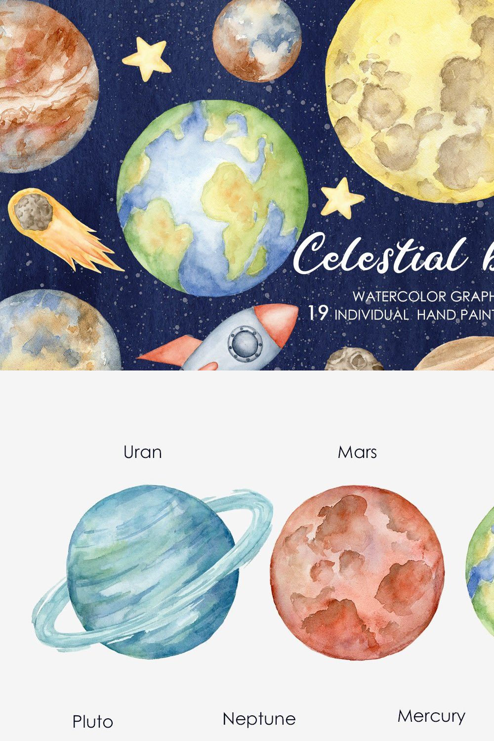 Watercolor celestial bodies clipart pinterest preview image.