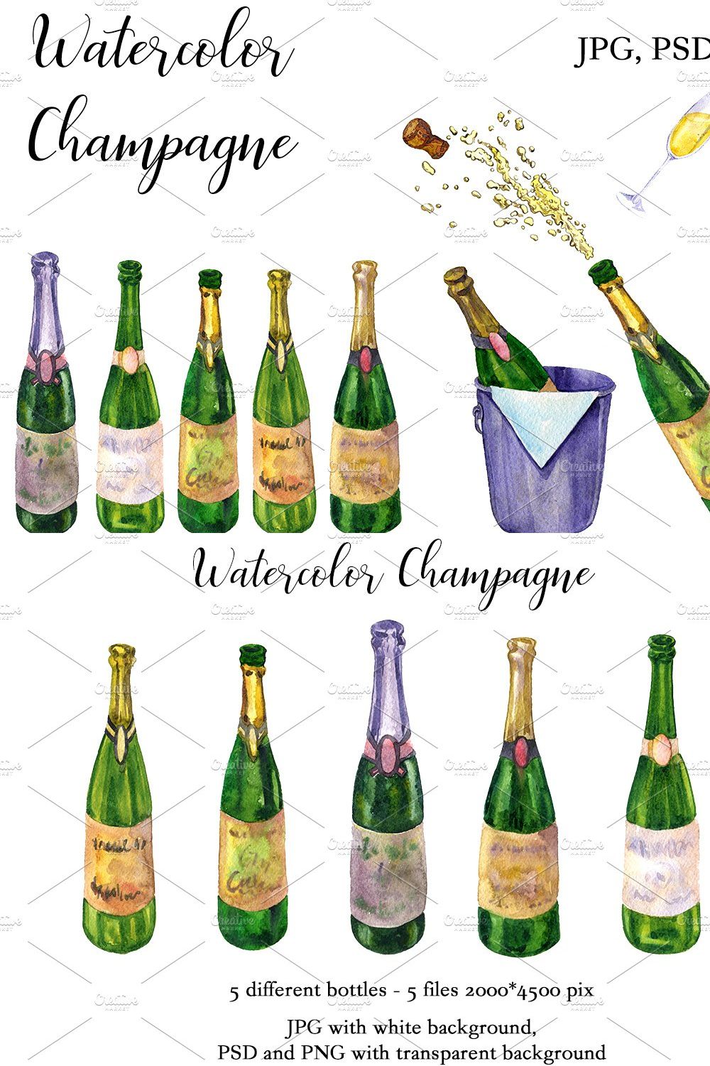 Watercolor Champagne pinterest preview image.