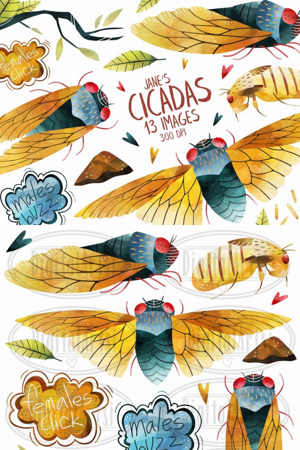 Watercolor Cicadas Clipart pinterest preview image.