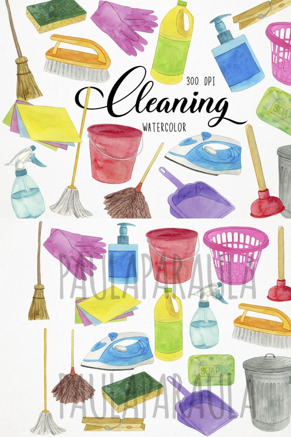 Watercolor Cleaning Clipart, Home pinterest preview image.