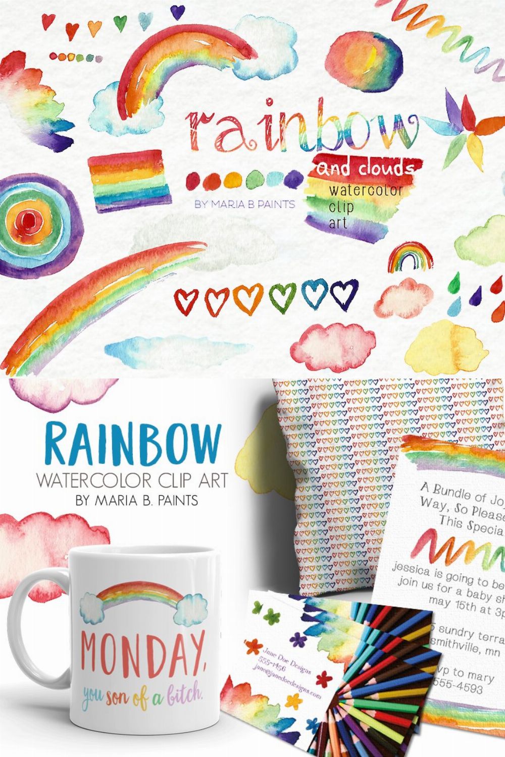 Watercolor Clip Art - Rainbow, Cloud pinterest preview image.