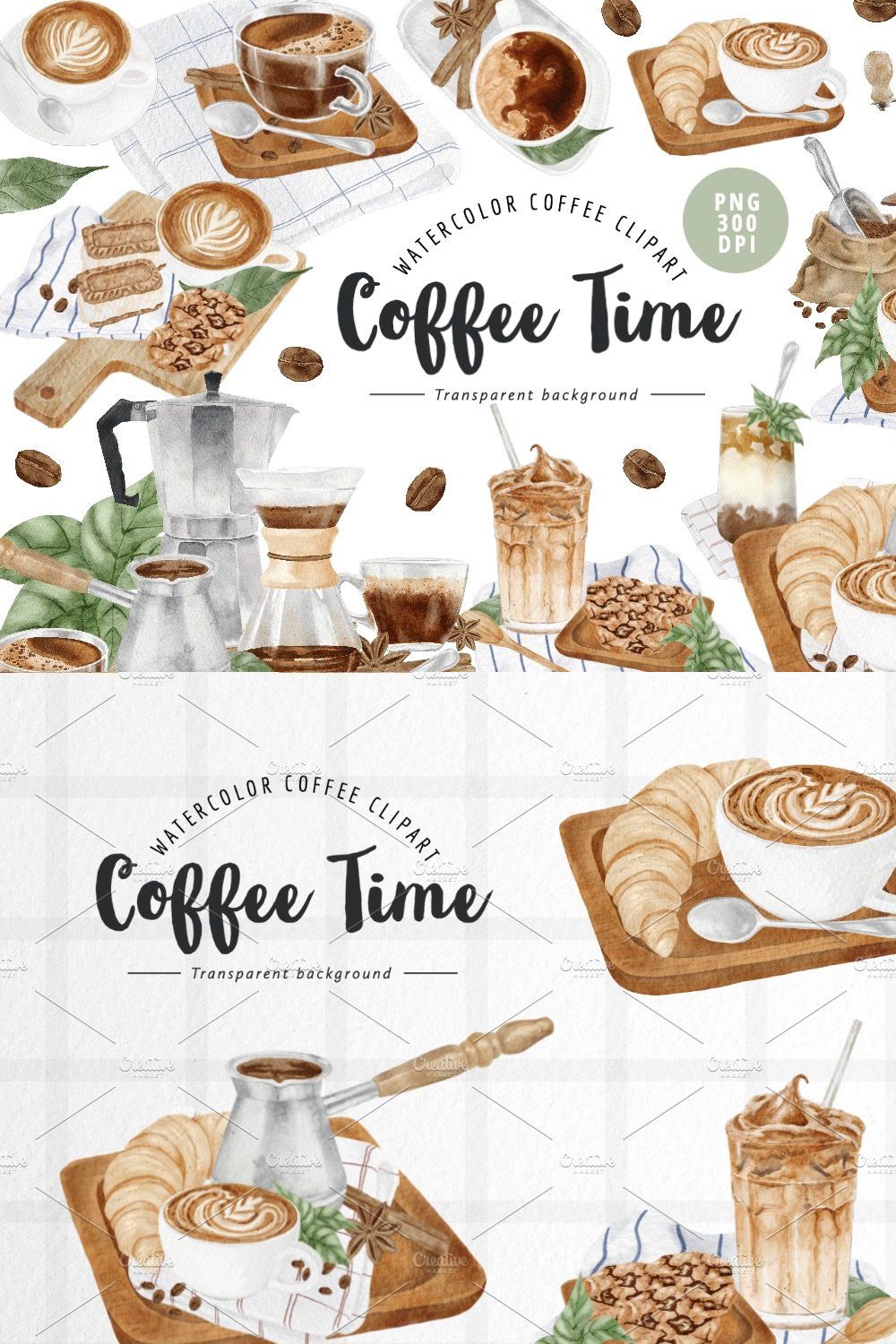 Watercolor Coffee Clipart & Patterns pinterest preview image.