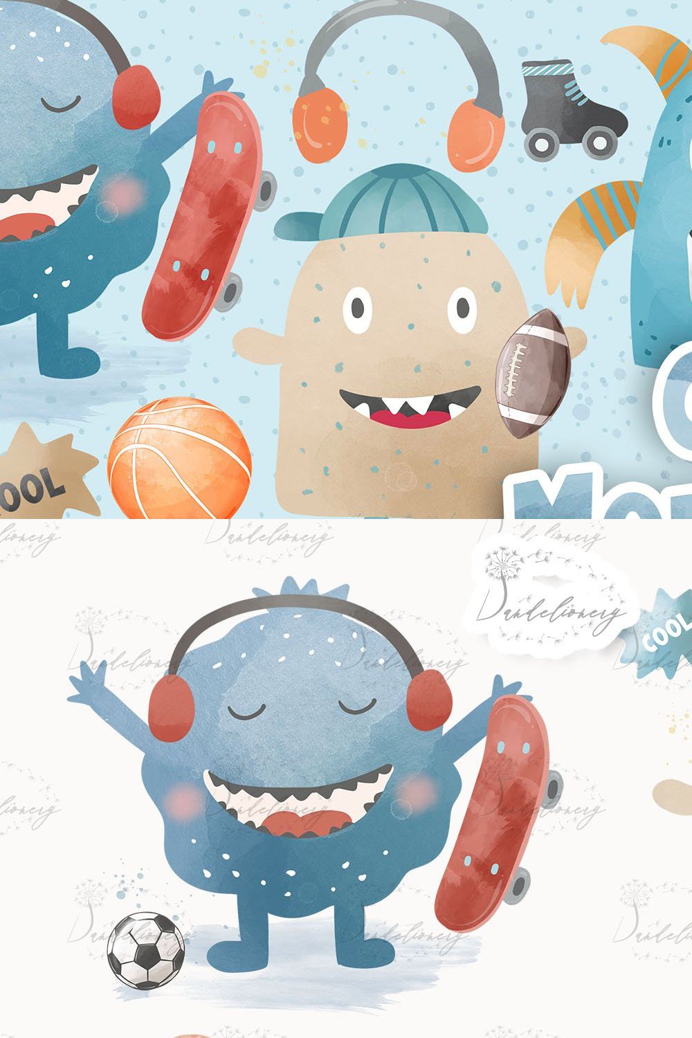Watercolor Cool Monsters design pinterest preview image.
