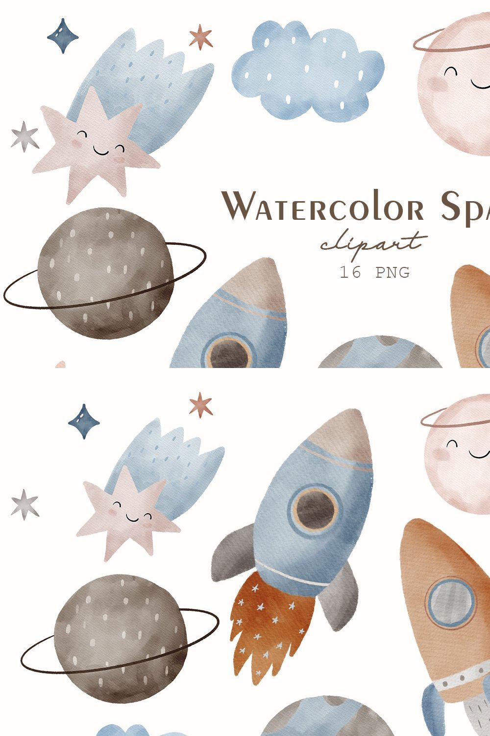 Watercolor cute space clipart PNG pinterest preview image.