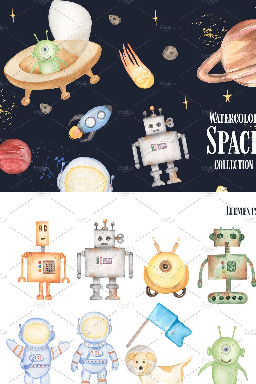 Watercolor Cute Space Collection pinterest preview image.
