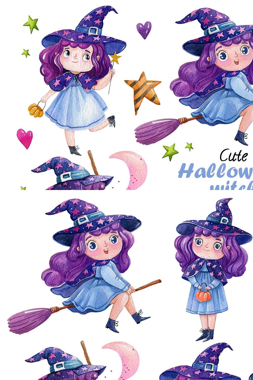 Watercolor cute witches clipart pinterest preview image.