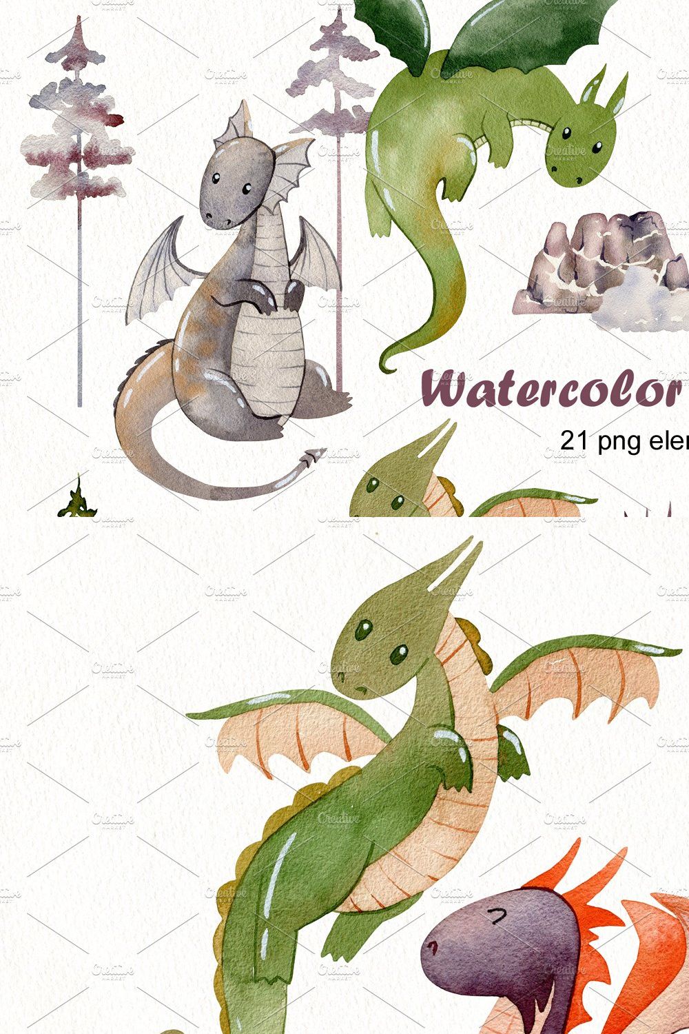 Watercolor dragons clipart. pinterest preview image.