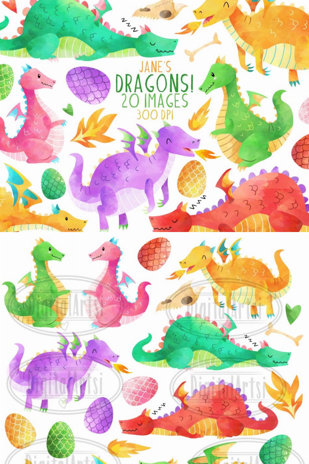 Watercolor Dragons Clipart pinterest preview image.