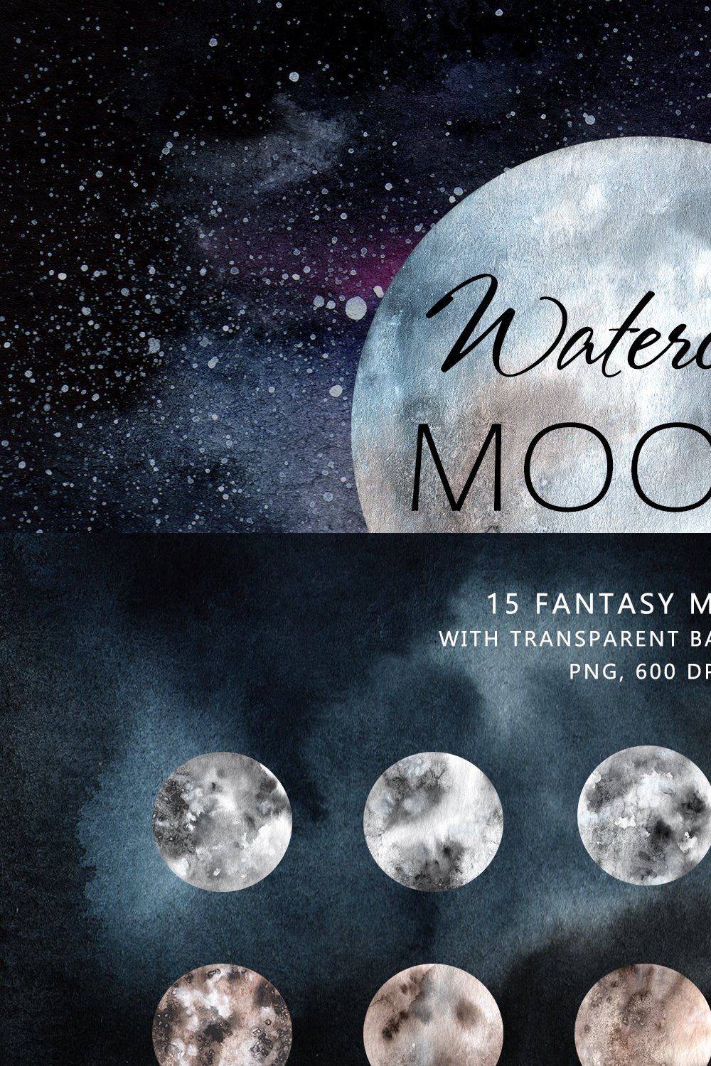 Watercolor fantasy moons pinterest preview image.