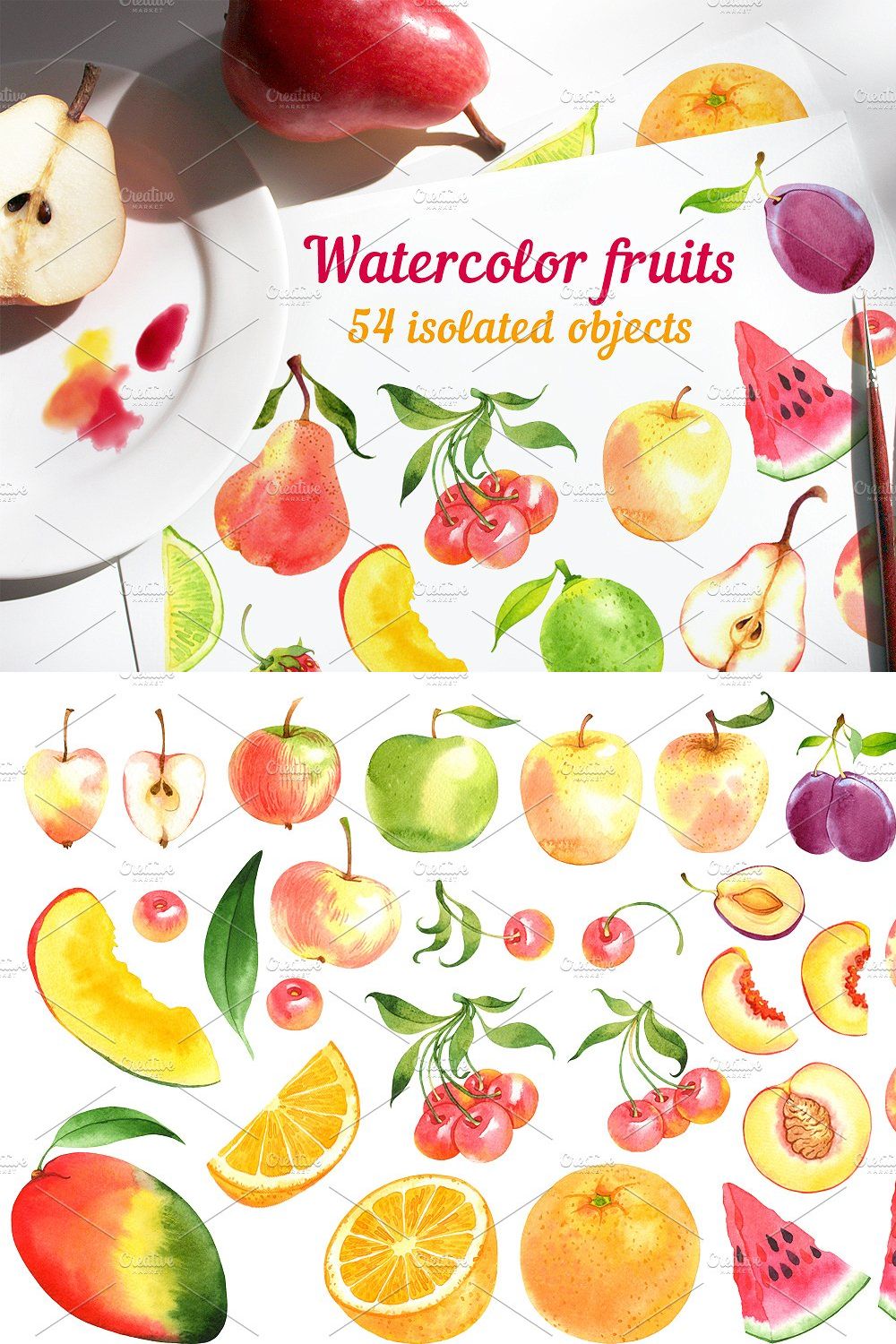 Watercolor fruits pinterest preview image.