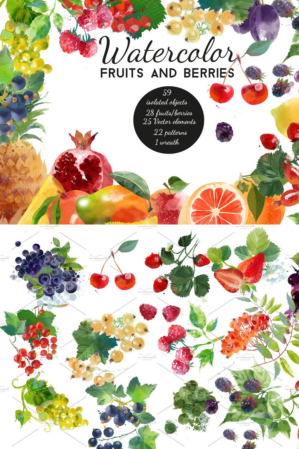 Watercolor fruits and berries pinterest preview image.