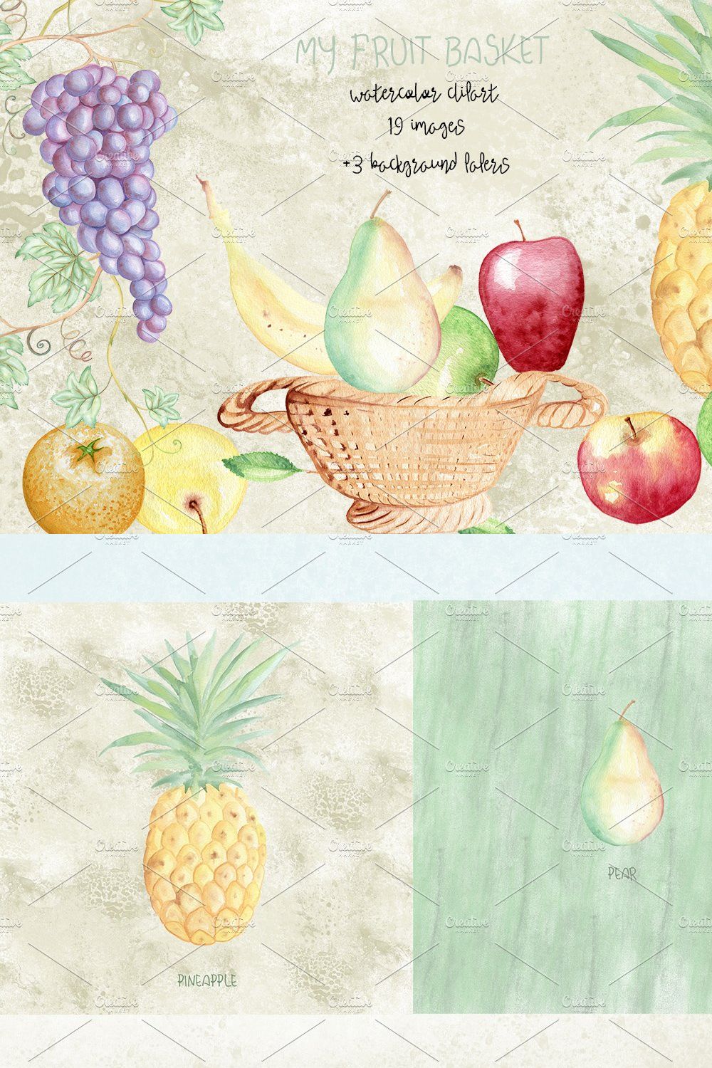 Watercolor fruits elements. Grape pinterest preview image.