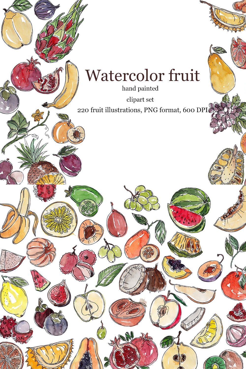 Watercolor fruits, raster pinterest preview image.