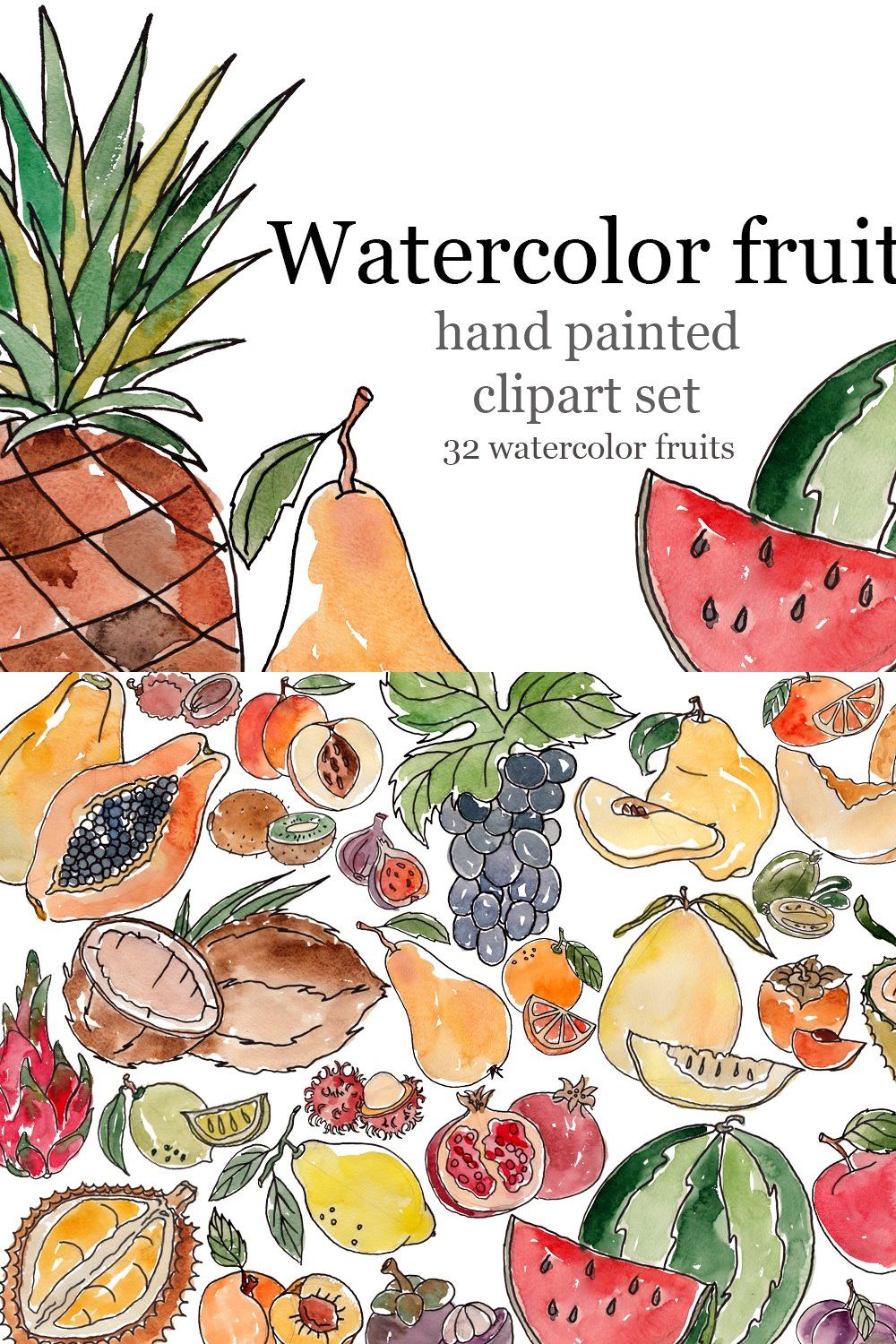 Watercolor fruits, raster pinterest preview image.