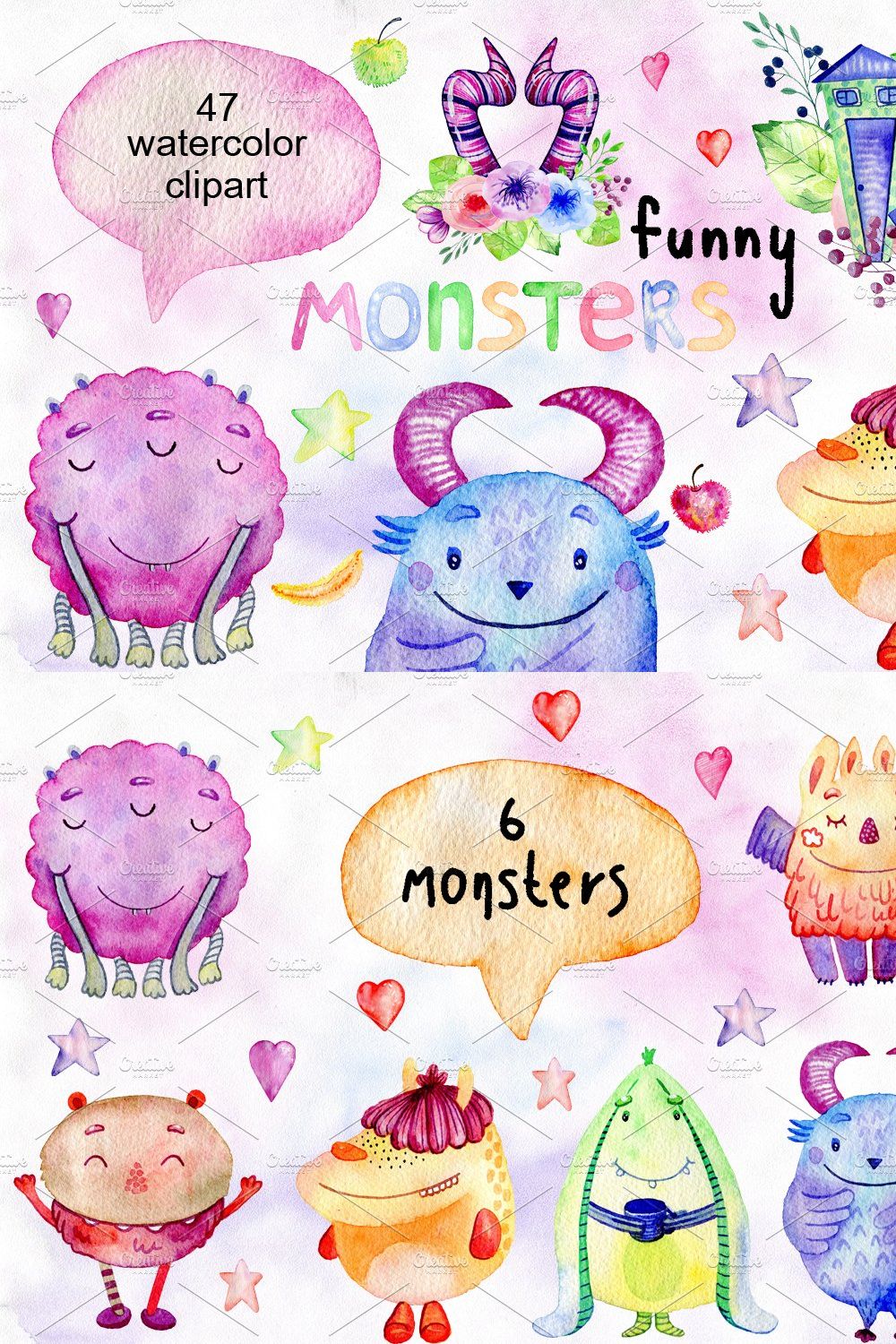 Watercolor funny monsters. pinterest preview image.
