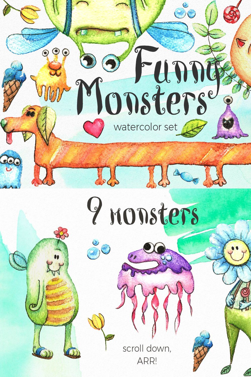 Watercolor Funny Monsters Set pinterest preview image.