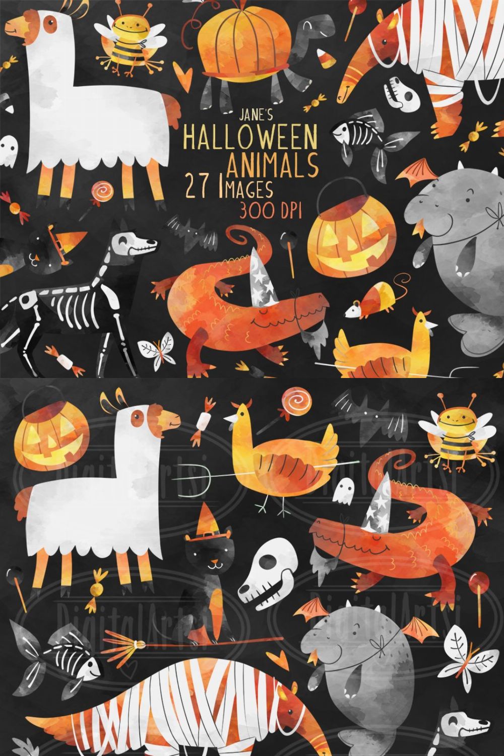 Watercolor Halloween Animals Set pinterest preview image.