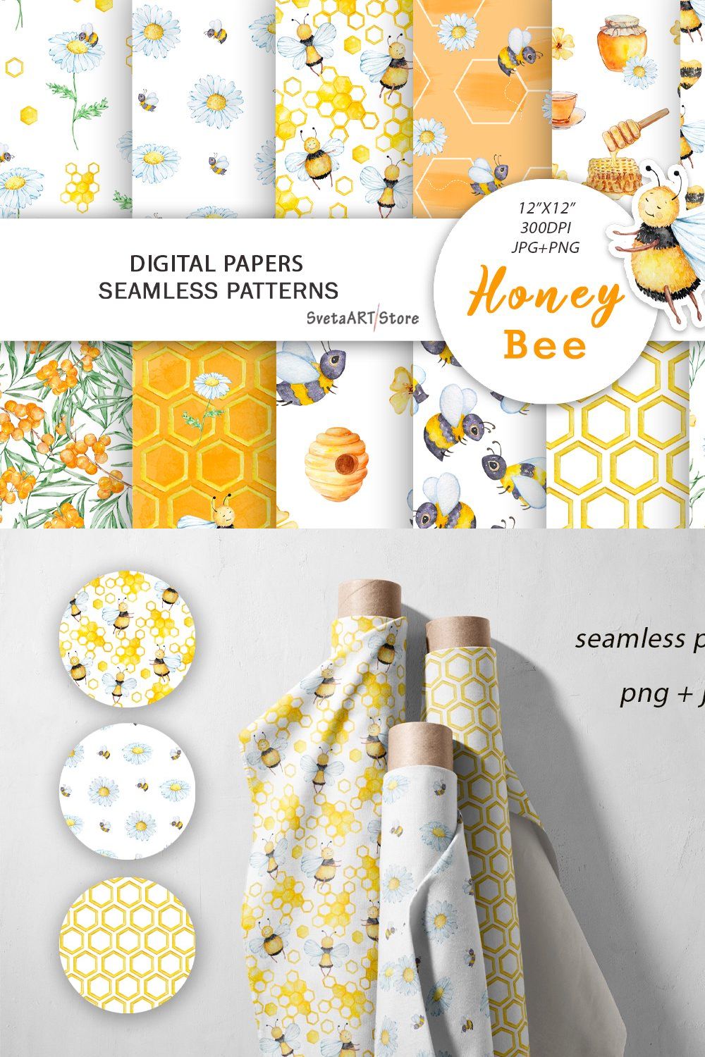 Watercolor Honey Bee Pattern pinterest preview image.