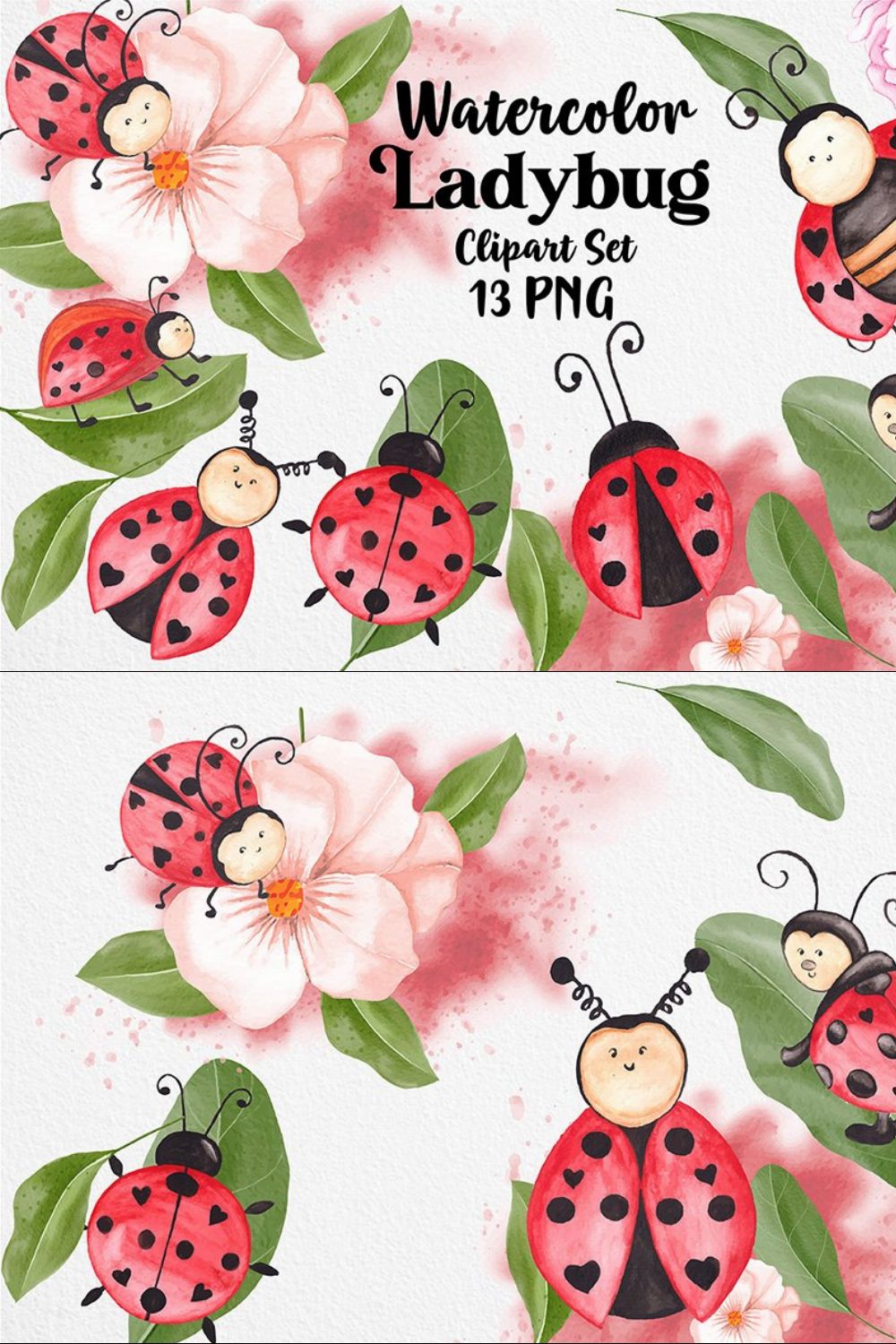 Watercolor Ladybug clipart set pinterest preview image.