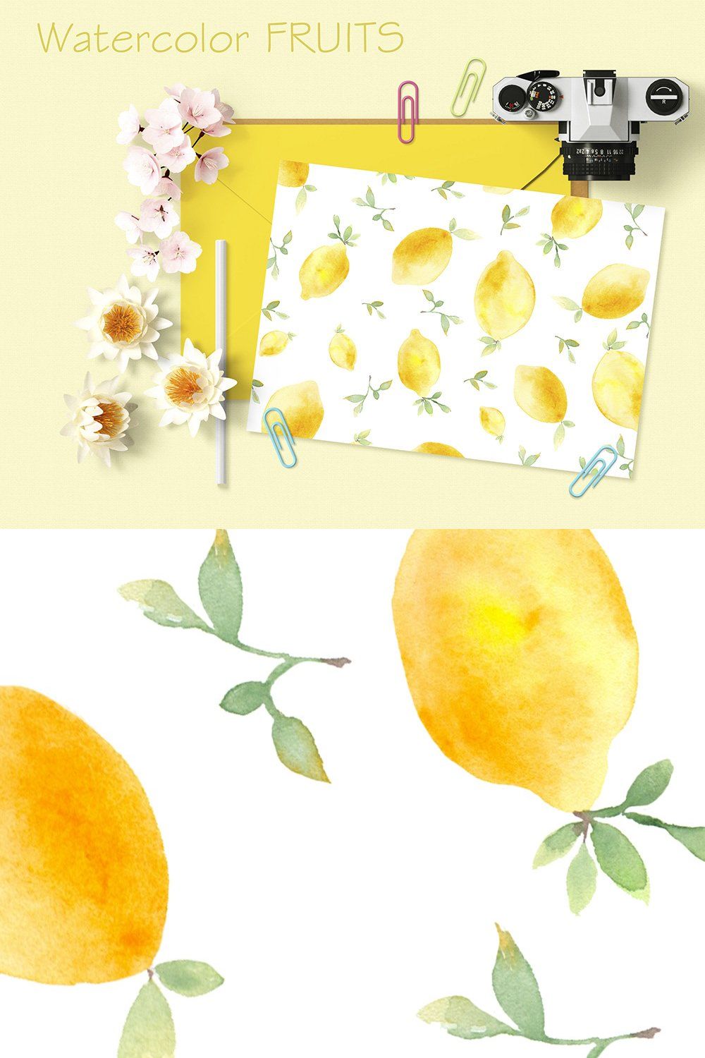 Watercolor lemon and peach patterns pinterest preview image.