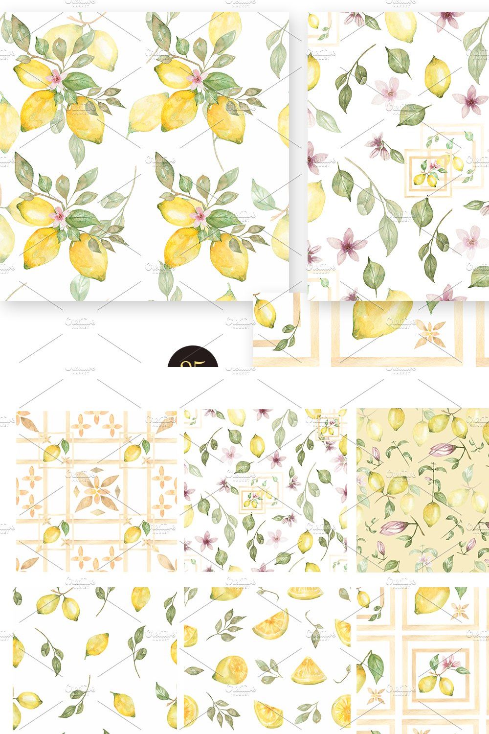 Watercolor Lemon Patterns pinterest preview image.