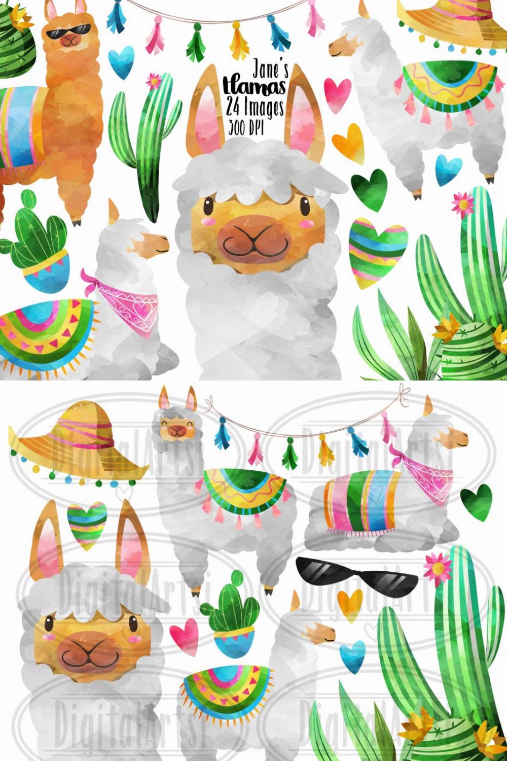 Watercolor Llama Clipart pinterest preview image.