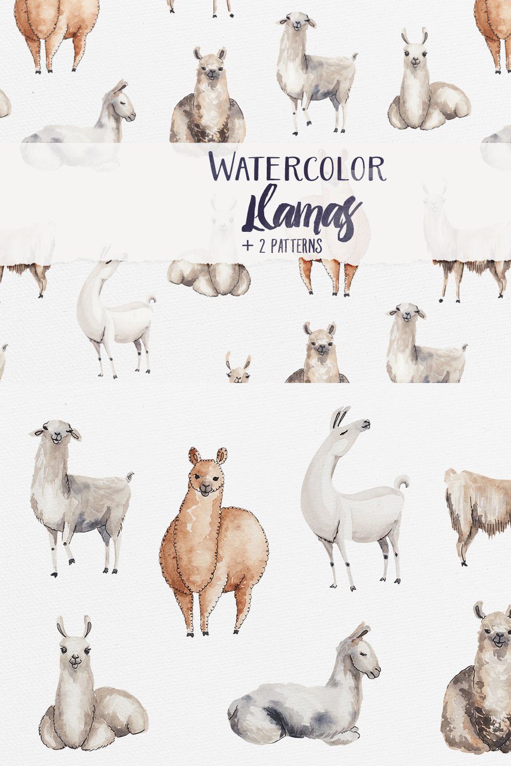 Watercolor Llamas + 2 Patterns pinterest preview image.