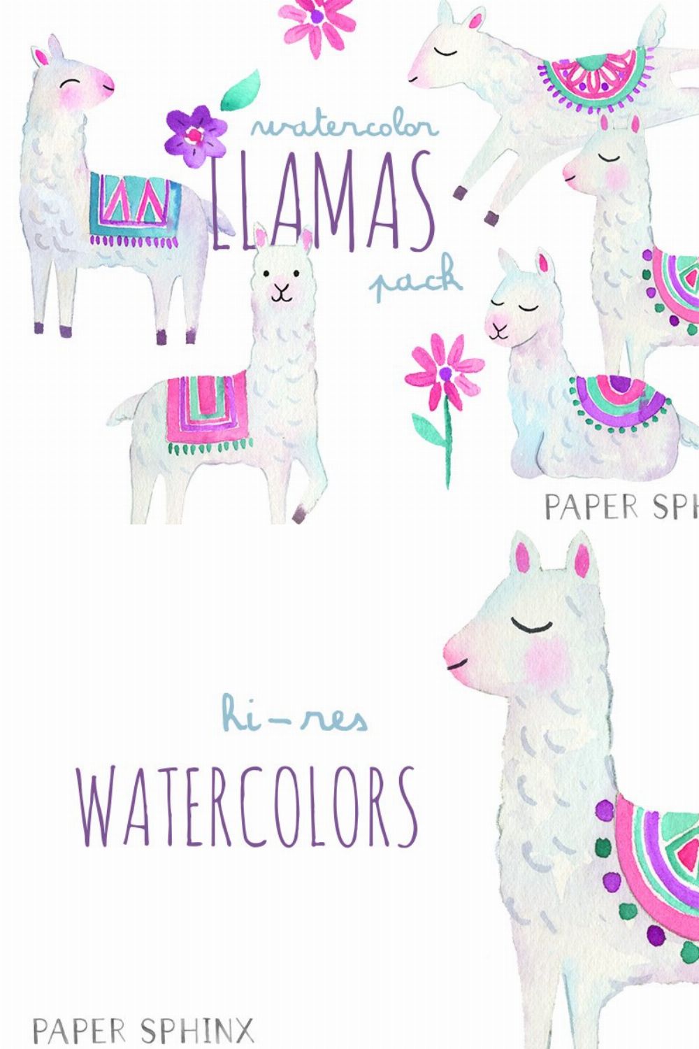 Watercolor Llamas Art Pack pinterest preview image.