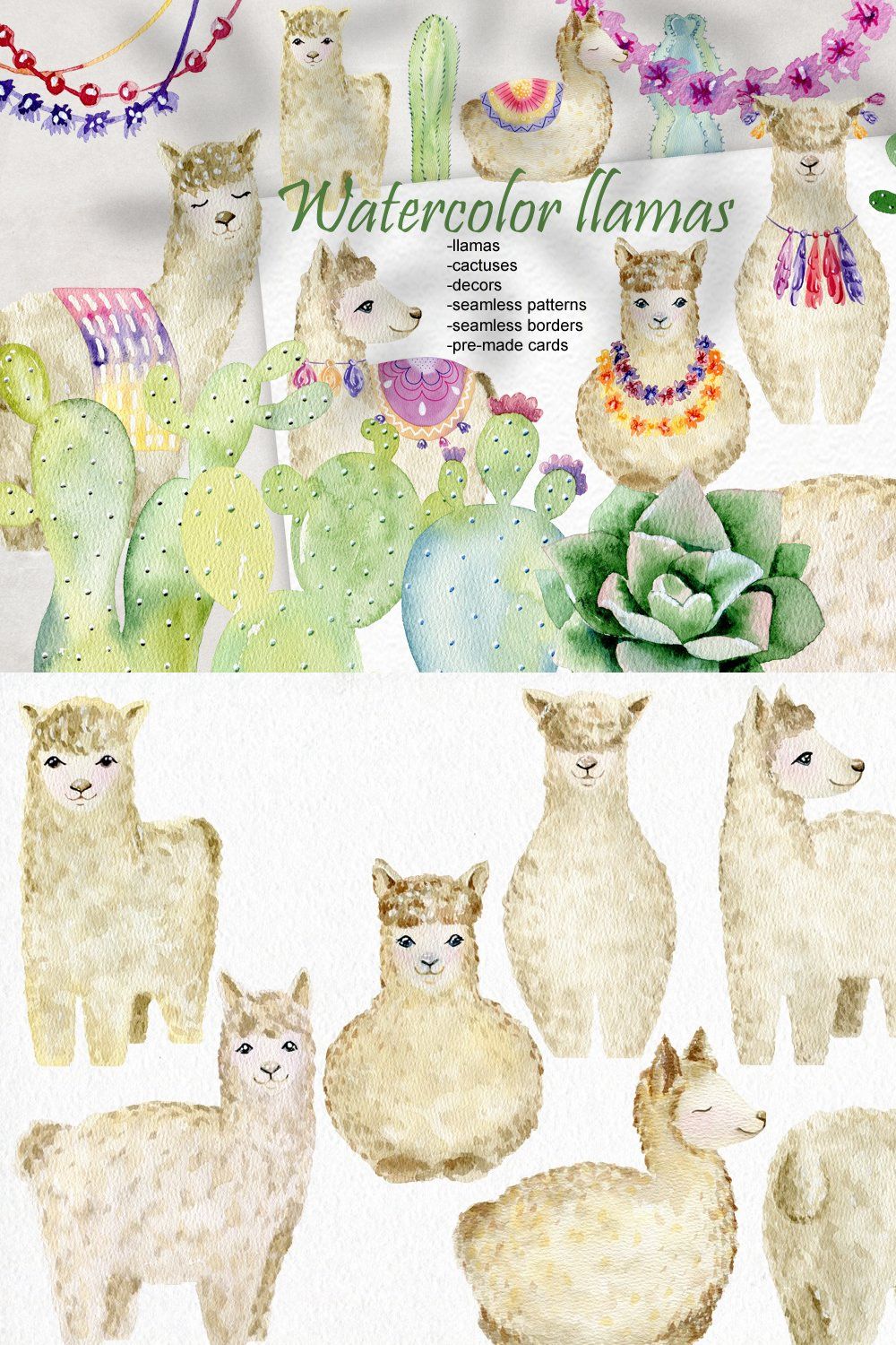 Watercolor llamas. Kit. pinterest preview image.
