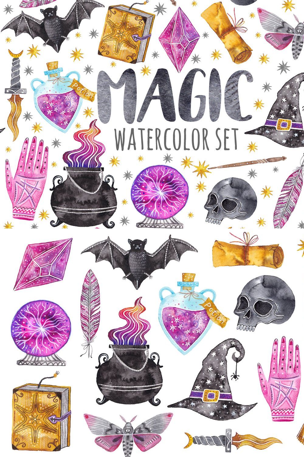 Watercolor magic set. Witchcraft pinterest preview image.