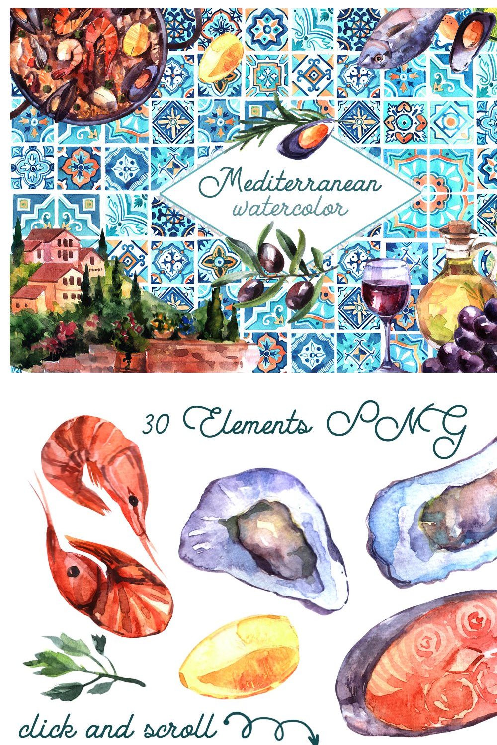 Watercolor mediterranean pinterest preview image.