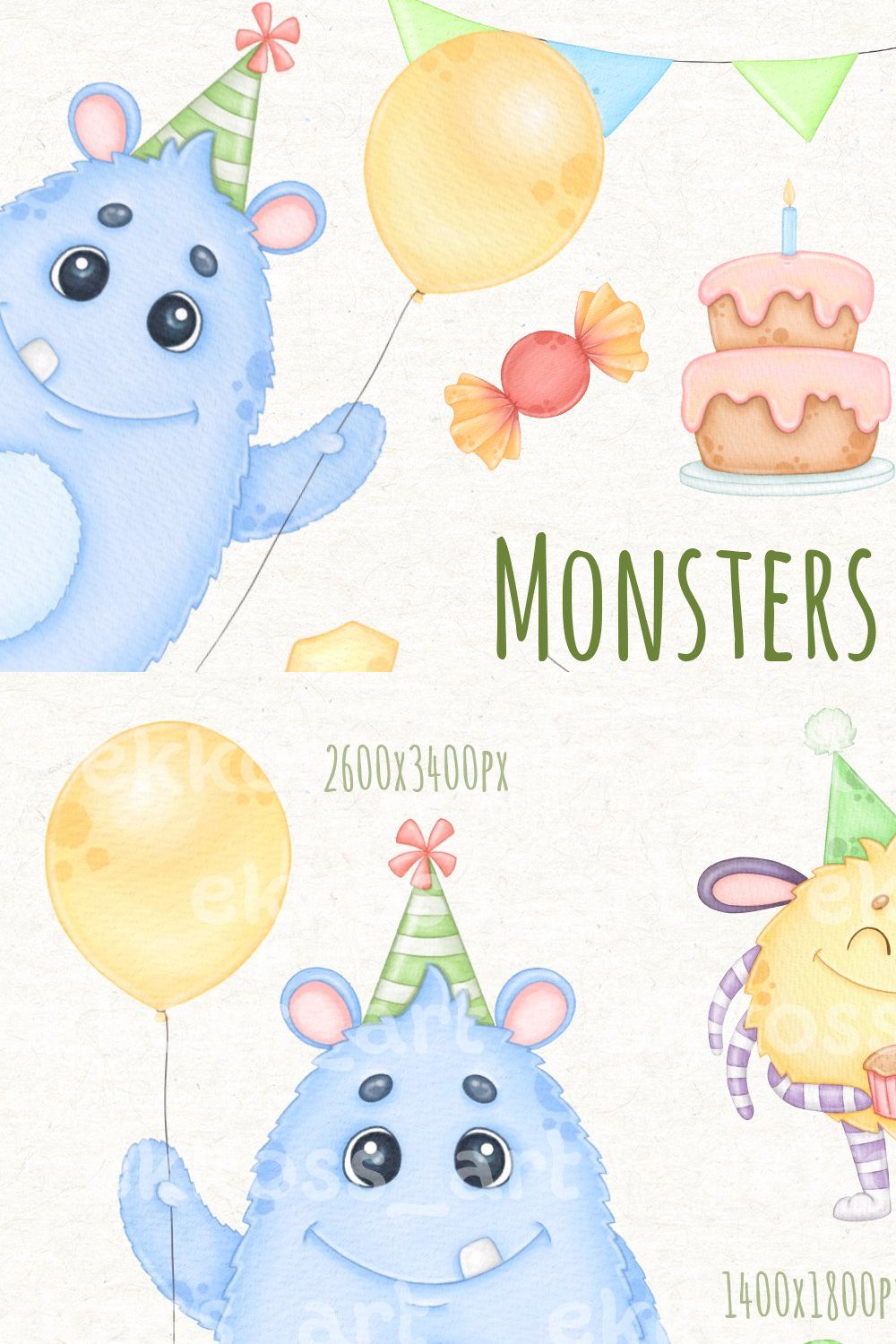 Watercolor Monsters Birthday Clipart pinterest preview image.