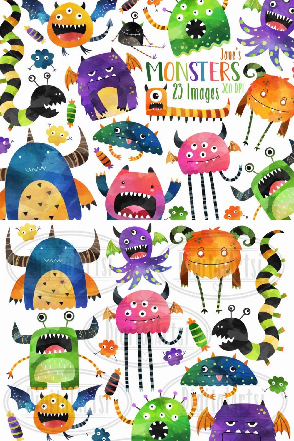 Watercolor Monsters Clipart pinterest preview image.
