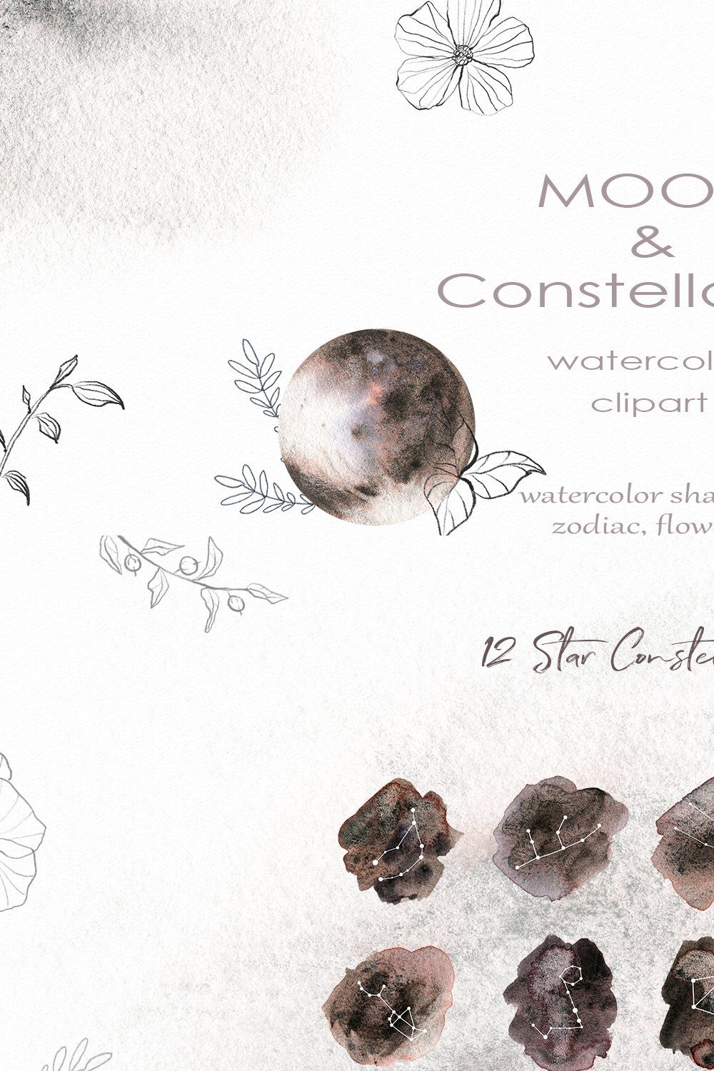 Watercolor Moon & Constellation pinterest preview image.