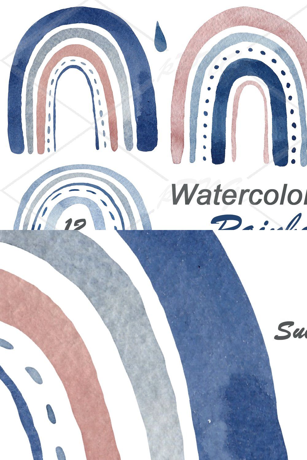 Watercolor Navy Blue Rainbows pinterest preview image.
