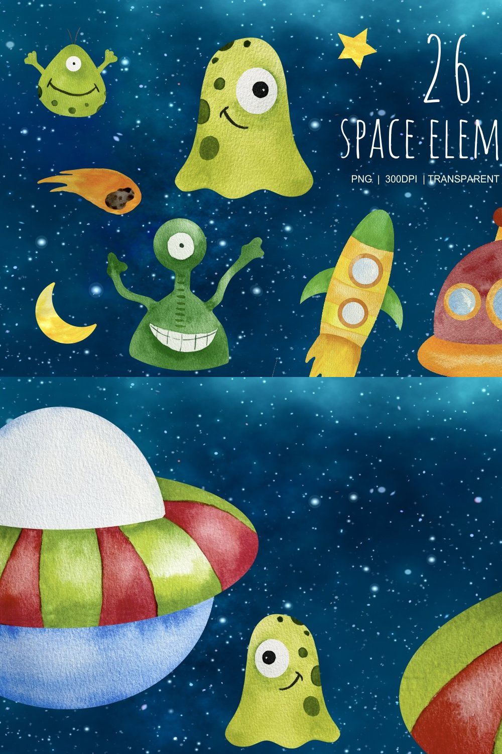 Watercolor Outer Space and Aliens pinterest preview image.