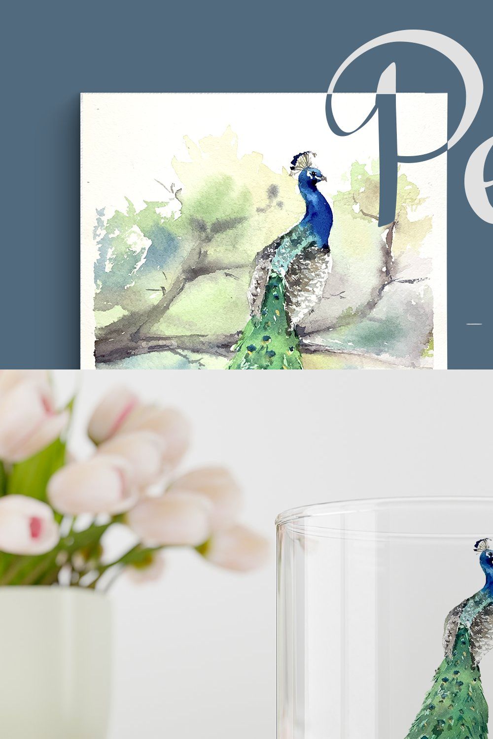 Watercolor Peacock Print & Clipart pinterest preview image.