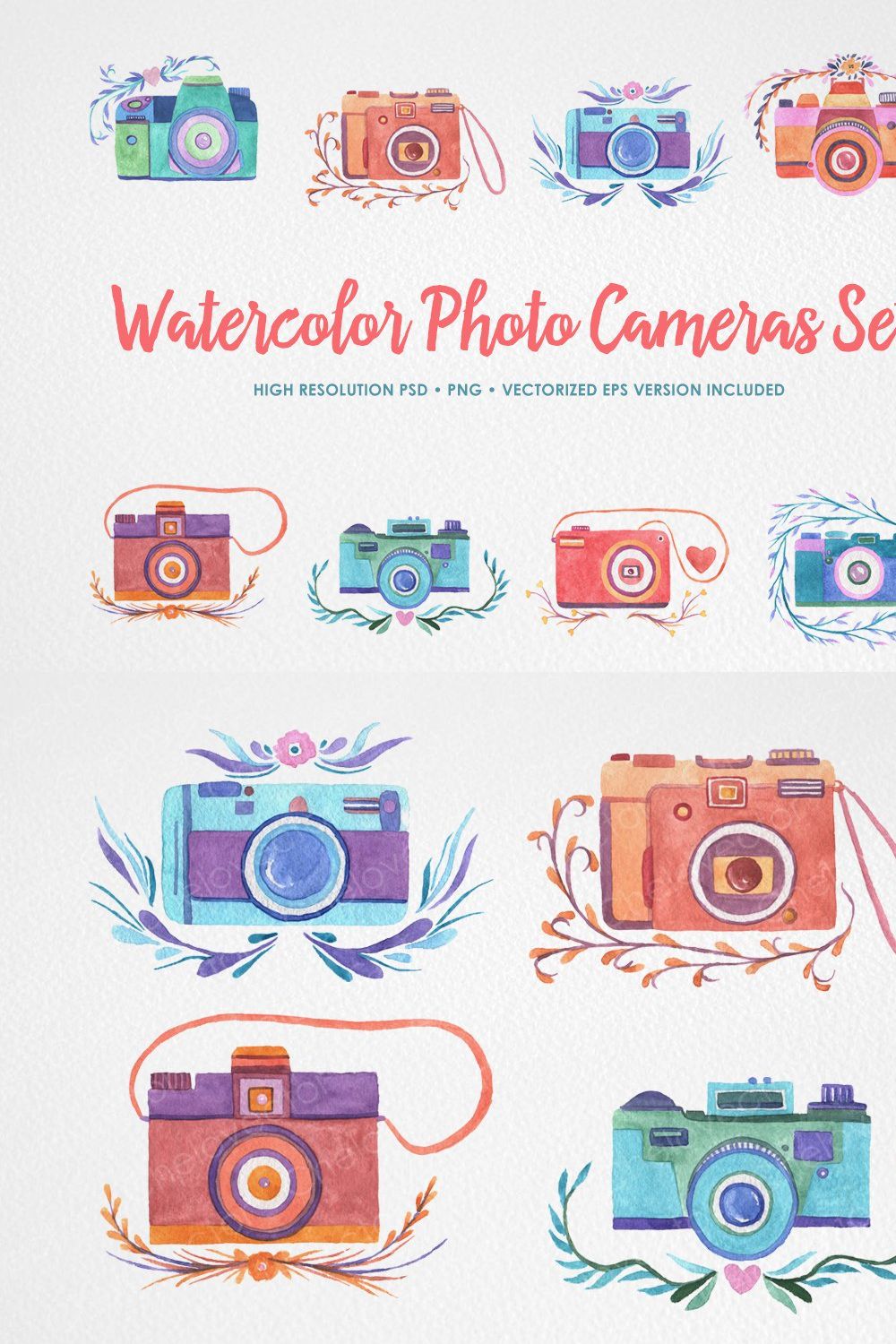 Watercolor Photo Cameras Set pinterest preview image.