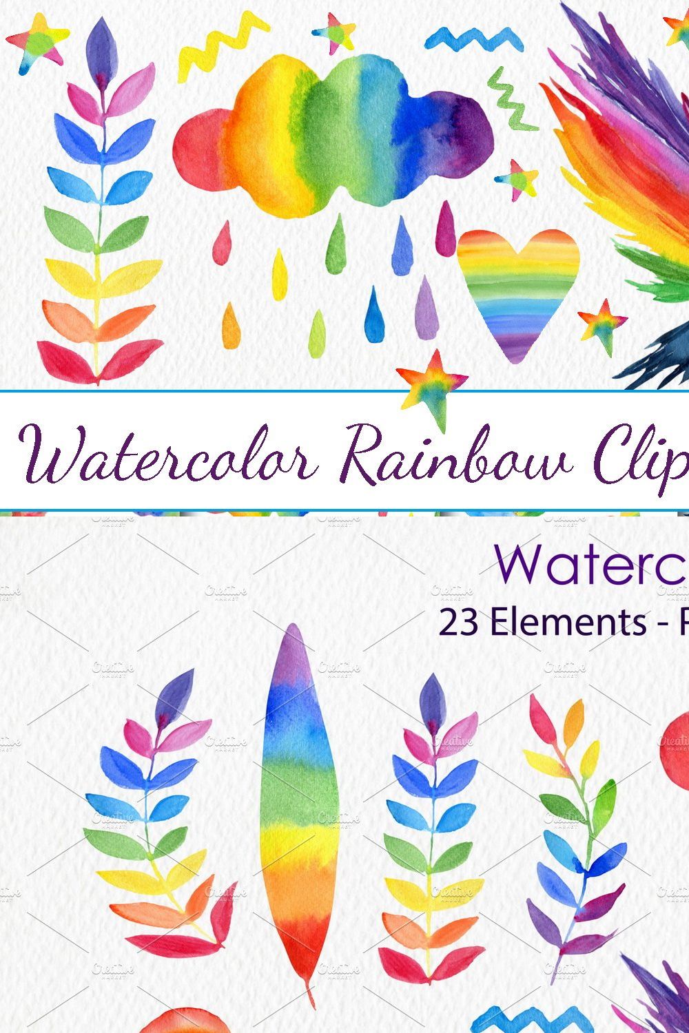 Watercolor Rainbow Clipart & Pattern pinterest preview image.