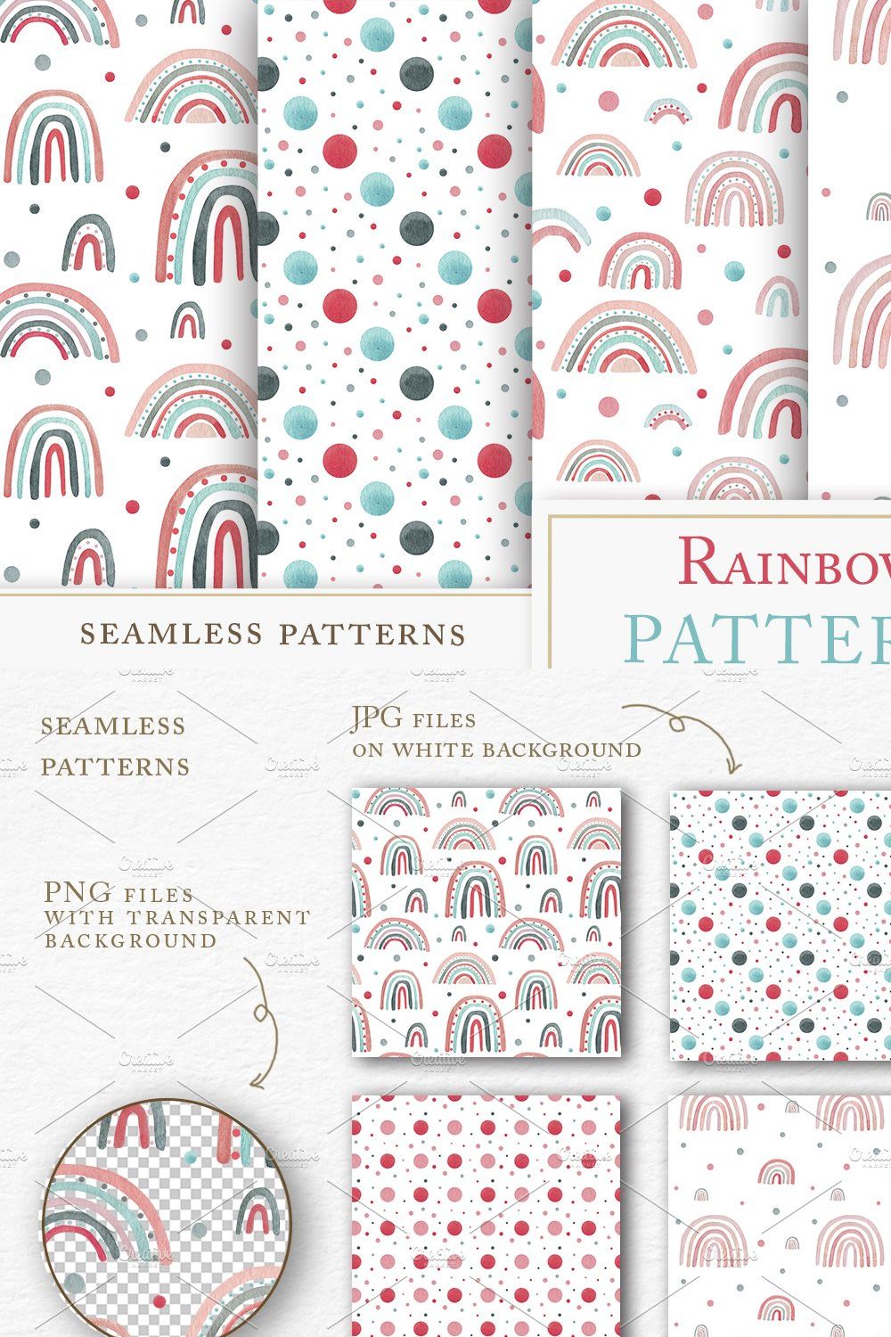 Watercolor RAINBOW patterns pinterest preview image.