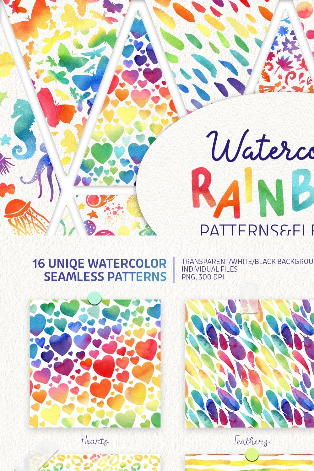 Watercolor Rainbow Seamless patterns pinterest preview image.