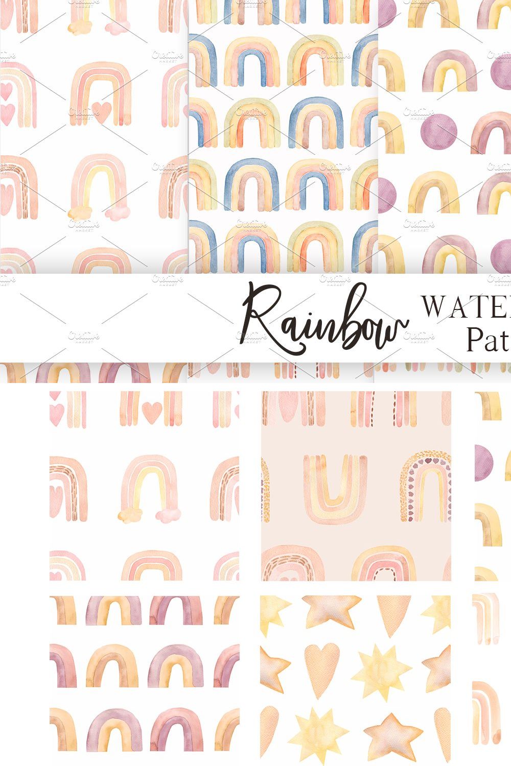 Watercolor Rainbows Pattern pinterest preview image.