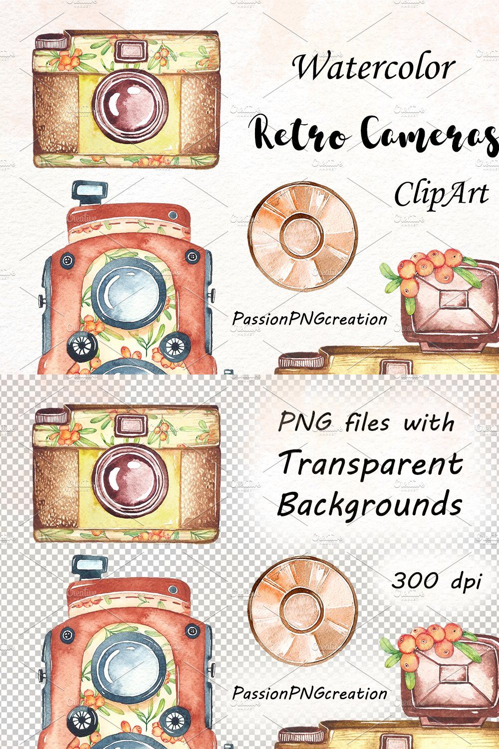 Watercolor Retro Cameras Clipart pinterest preview image.