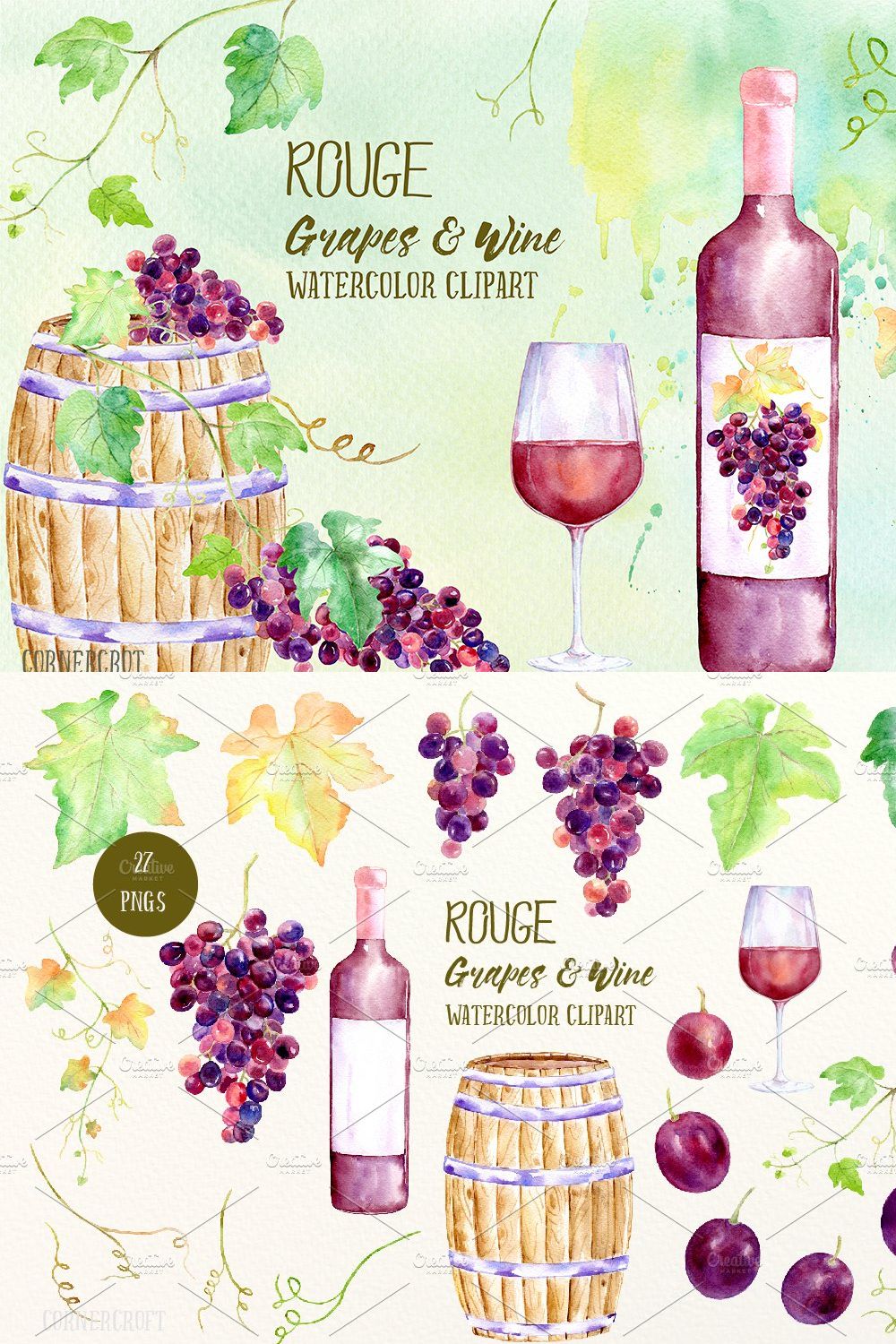 Watercolor Rouge Grapes and Wine pinterest preview image.