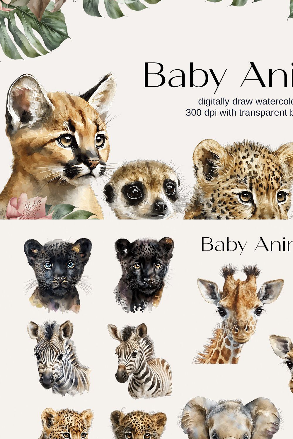 Watercolor Safari Baby Animals pinterest preview image.