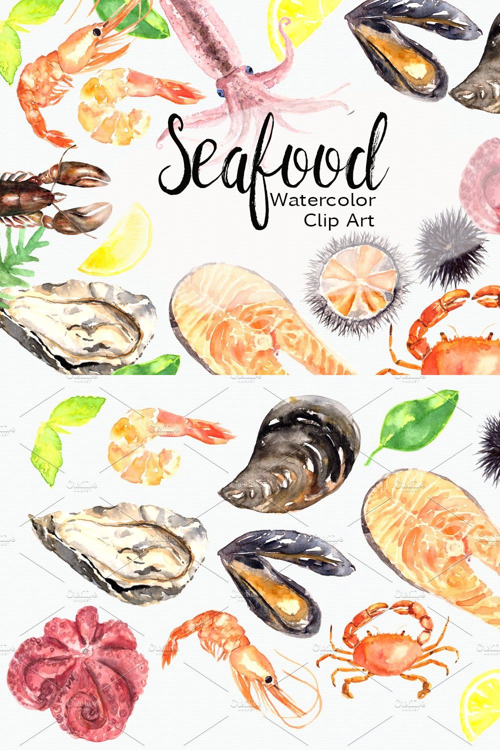 Watercolor Seafood Clip Art Set pinterest preview image.