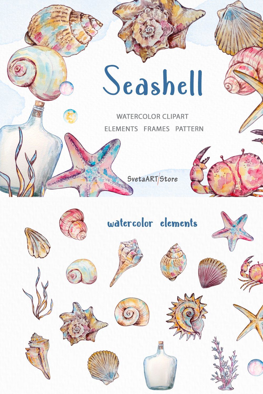 Watercolor Seashell Clipart pinterest preview image.